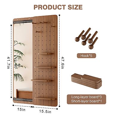 Brown Wood Full Length Mirror with Shelf and Hooks