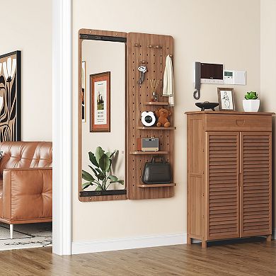 Brown Wood Full Length Mirror with Shelf and Hooks