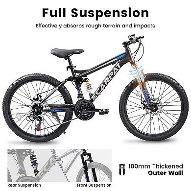 Whisen 24" MTB Bike, 21-Speed, Twist Grip Shift Gear Shifter, Disc Brakes, Durable Frame, Tool Kit