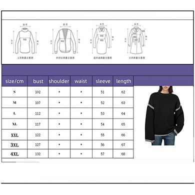 Women Sweaters Fashion Solid Crewneck Loose Fit Long Sleeve Contrast Cable Knit Pullover Sweater