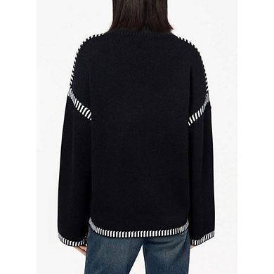 Women Sweaters Fashion Solid Crewneck Loose Fit Long Sleeve Contrast Cable Knit Pullover Sweater