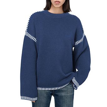 Women Sweaters Fashion Solid Crewneck Loose Fit Long Sleeve Contrast Cable Knit Pullover Sweater