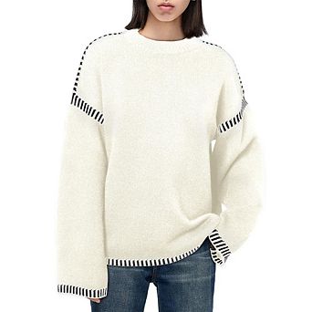 Women Sweaters Fashion Solid Crewneck Loose Fit Long Sleeve Contrast Cable Knit Pullover Sweater