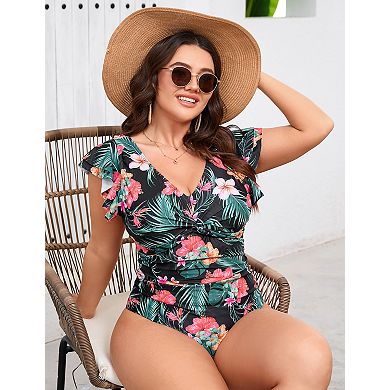 Women Plus Size One-Piece Swimsuit V-Neck with Front Tie Ruffle Sleeves & U-Back Elegant Monokini