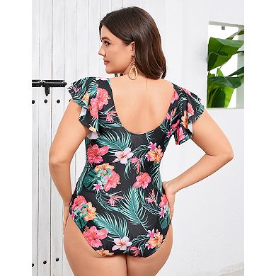 Women Plus Size One-Piece Swimsuit V-Neck with Front Tie Ruffle Sleeves & U-Back Elegant Monokini