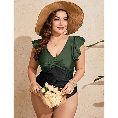 Women Plus Size One-Piece Swimsuit V-Neck with Front Tie Ruffle Sleeves & U-Back Elegant Monokini