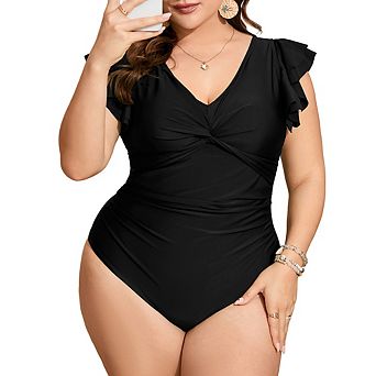 Women Plus Size One-Piece Swimsuit V-Neck with Front Tie Ruffle Sleeves & U-Back Elegant Monokini