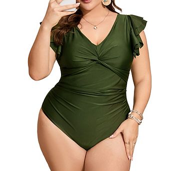 Women Plus Size One-Piece Swimsuit V-Neck with Front Tie Ruffle Sleeves & U-Back Elegant Monokini