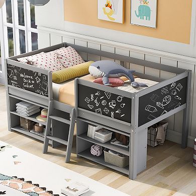 Whisen Low Loft Bed with Two Movable Shelves and Ladder,with Decorative Guardrail Chalkboard