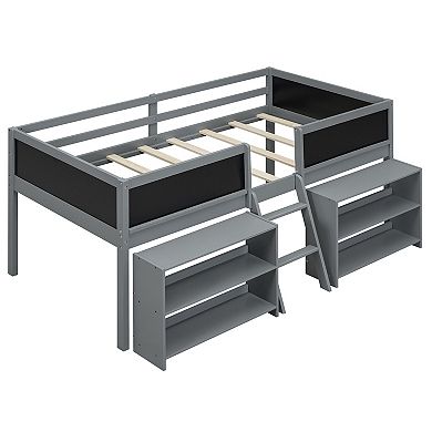 Whisen Low Loft Bed with Two Movable Shelves and Ladder,with Decorative Guardrail Chalkboard