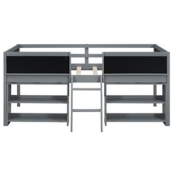 Whisen Low Loft Bed with Two Movable Shelves and Ladder,with Decorative Guardrail Chalkboard