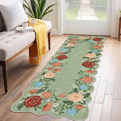 Floral Machine Washable Rugs, Stain-Resistant Contemporary Indoor Floor Cover