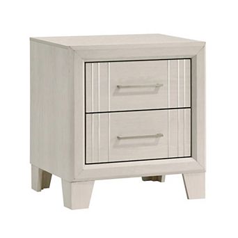 Charie Nightstand with 2 Drawers, Tapered Legs, Silver Metal, White Wood
