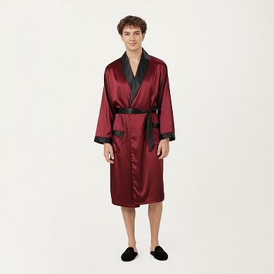 Men's Satin Robe with Contrast Shawl Collar Waist Tie and Front Pockets