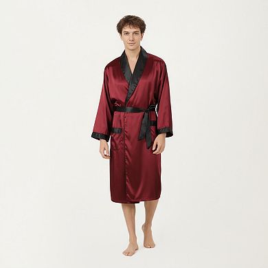 Men's Satin Robe with Contrast Shawl Collar Waist Tie and Front Pockets