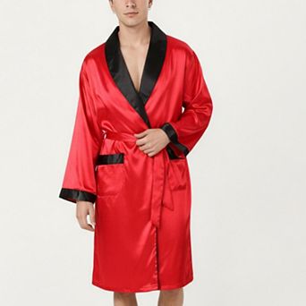 Men's Satin Robe with Contrast Shawl Collar Waist Tie and Front Pockets