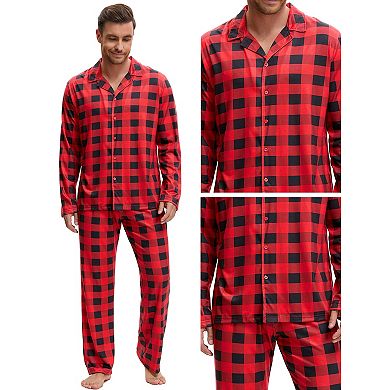 Men's Sleepwear Long Sleeve Button Down Plaid Family Pajamas Set