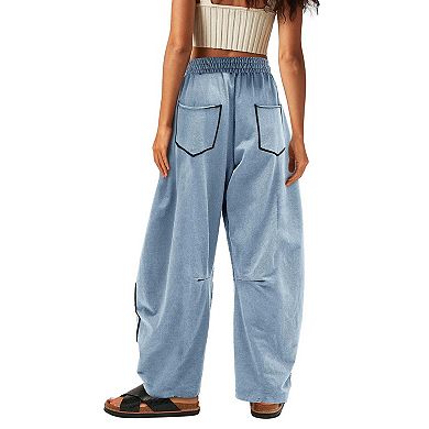 Womens Baggy Wide Leg Pants Casual Palazzo Pants Drawstring Waist Barrel Sweatpants with Pockets