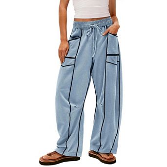 Womens Baggy Wide Leg Pants Casual Palazzo Pants Drawstring Waist Barrel Sweatpants with Pockets