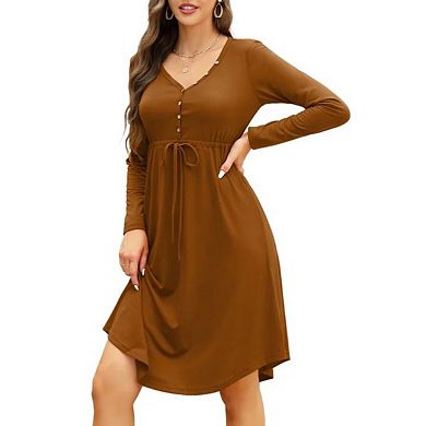 Women's Long-Sleeve V-Neck Button-Up Midi Dress