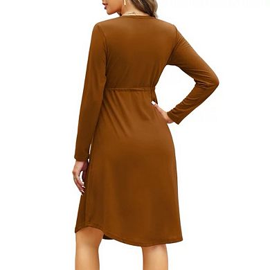 Women's Long-Sleeve V-Neck Button-Up Midi Dress