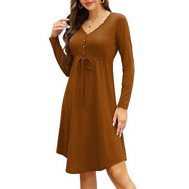 Women's Long-Sleeve V-Neck Button-Up Midi Dress