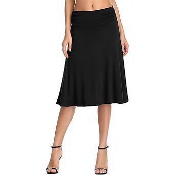 Women's Ruched High Waist Knee Length Jersey A-Line Stretchy Flared Casual Skirt