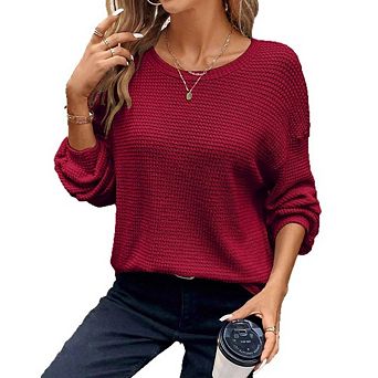 Women's Causal Fall Knit Sweater Top Long Sleeve Pullover Casual Crewneck Waffle Clothes for Office