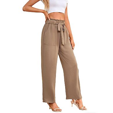 Women's High-Waisted Wide Leg Pants Casual Belted Trousers with Pockets