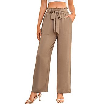 Women's High-Waisted Wide Leg Pants Casual Belted Trousers with Pockets