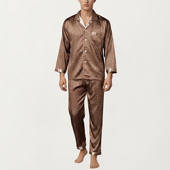 Men's 2 pc Set Satin Pajamas with Geometric Print Button-Up Top and Matching Pants