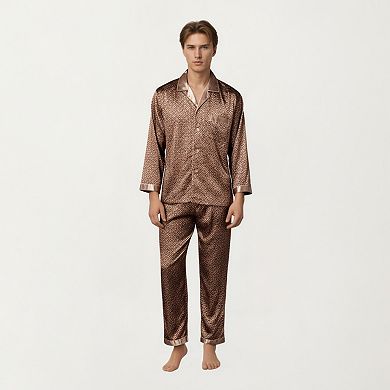Men's 2-Piece Set Satin Pajamas with Geometric Print Button-Up Top and Matching Pants