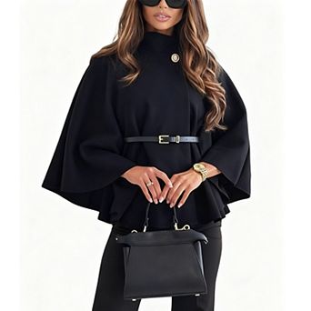 Women's Cape Coat High Neck Bell Sleeve Elegant Casual Outerwear