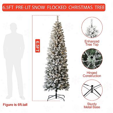6.5 Ft Prelit Pencil Christmas Tree, Snow Flocked Xmas Tree with 586 Branch Tips, 250 LED Lights