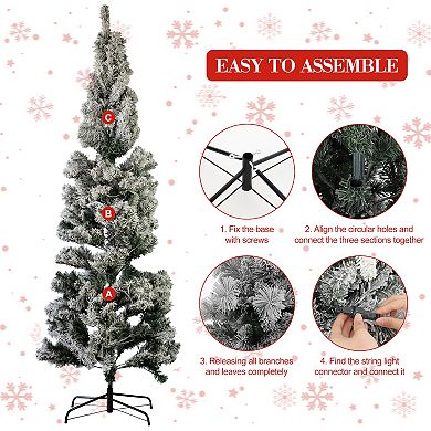 6.5 Ft Prelit Pencil Christmas Tree, Snow Flocked Xmas Tree with 586 Branch Tips, 250 LED Lights