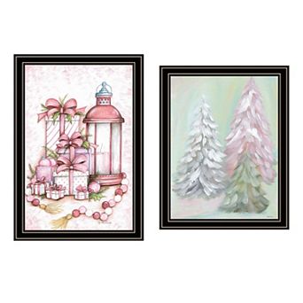 LOVMOR Decor 4U 2 pc Pink Candy Land Christmas Trees Black Framed Wall Art Mary June