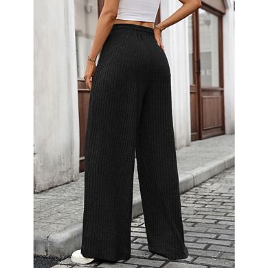 Women's Casual Ribbed Knit Wide Leg Pants Comfy Elastic Drawstring High Waist Lounge Pants