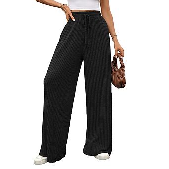 Women's Casual Ribbed Knit Wide Leg Pants Comfy Elastic Drawstring High Waist Lounge Pants