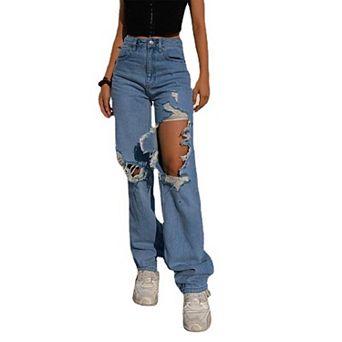 Women's Wide Leg Baggy Jeans High Waist Casual Straight Leg Loose Boyfriends Ripped Denim Pants
