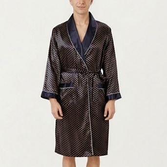 Men's Satin Robe with Polka Dot Print Contrast Shawl Collar and Waist Tie