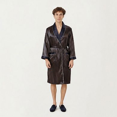 Men's Satin Robe with Polka Dot Print Contrast Shawl Collar and Waist Tie