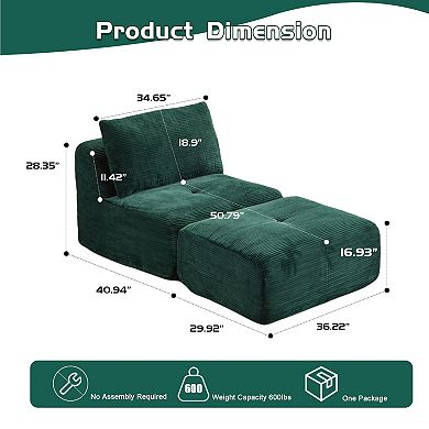 Whisen Modern Memory Foam Compressed Chaise Longue with Movable Ottoman Corduroy Fabric
