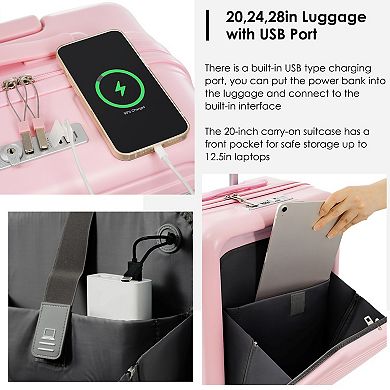 Luggage Set of 4 with USB Ports, 20in Front-Opening Carry-On, 28in Checked Suitcase with TSA Lock