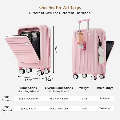Luggage Set of 4 with USB Ports, 20in Front-Opening Carry-On, 28in Checked Suitcase with TSA Lock