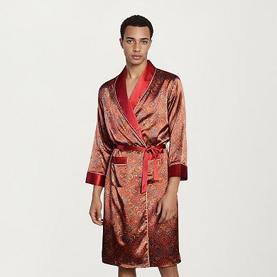 Men's Paisley Print Satin Robe with Contrast Shawl Collar and Waist Tie