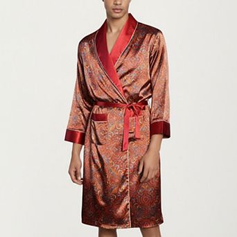 Men's Paisley Print Satin Robe with Contrast Shawl Collar and Waist Tie