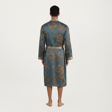 Men's Satin Robe with Floral Baroque Pattern and Contrast Trim Belt