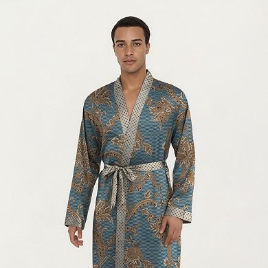 Men's Satin Robe with Floral Baroque Pattern and Contrast Trim Belt