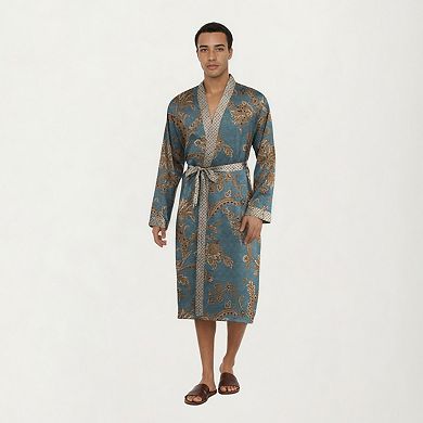 Men's Satin Robe with Floral Baroque Pattern and Contrast Trim Belt