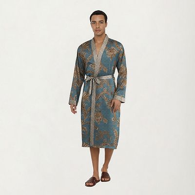 Anna-Kaci Men's Satin Robe with Floral Baroque Pattern and Contrast Trim Belt - Medium 8-10 / Green